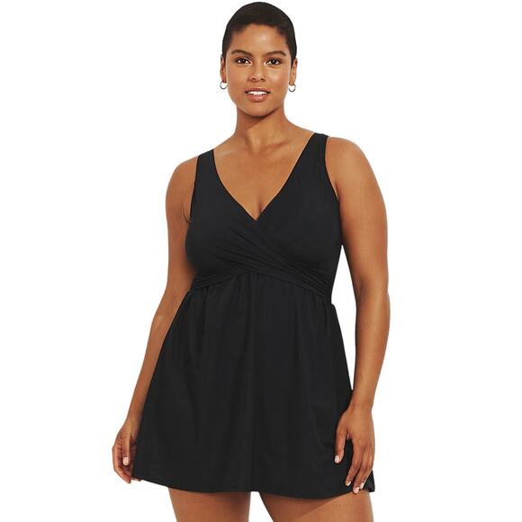 Lands End Black Size 16 Petite Tummy Control Swim Bathing Suit Dress V-Neck Wrap - Picture 1 of 7